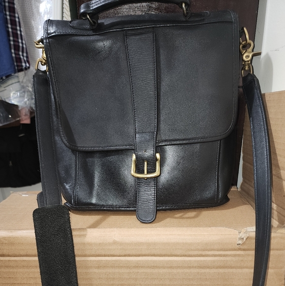 Black LeatherCoach Crossbody Bag with Gold Accents